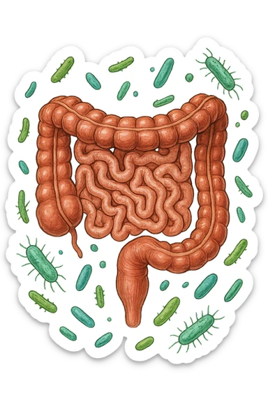 intestino umano anatomico con qualche batterio intestinale che gli fluttua intorno, ISOLATO SU SFONDO BIANCO sticker
