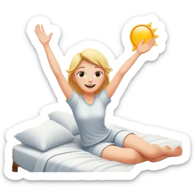 person waking up in bed, stretching with sunlight coming through the window, cheerful and fresh sticker