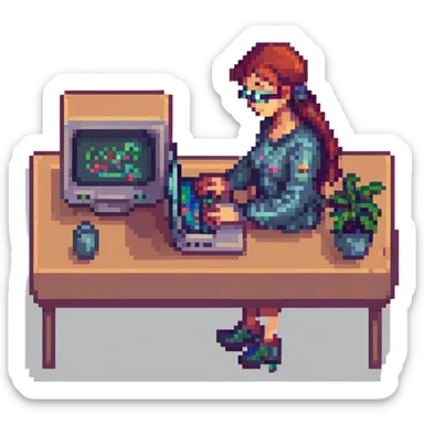 Make the web developer a female, keep the pixel art retro computer style, coding on laptop, pixel art details, retro computer elements, limited color palette. sticker