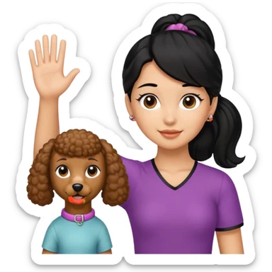 Ponytail black hair girl with brown Poodle say goodbye  sticker