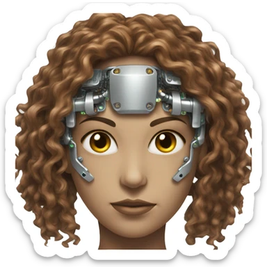 female cyborg head with metallic plated face, long brown curly hair and circuitry sticker