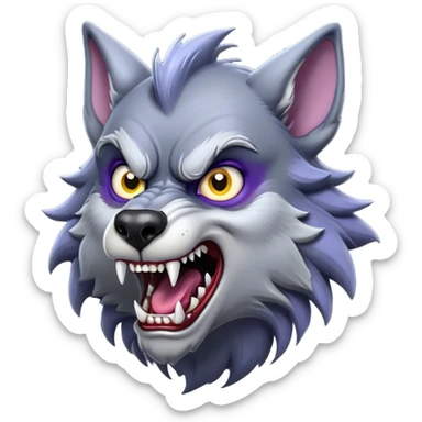 Cinematic Comical Werewolf Portrait Emoji, with a whimsically exaggerated lupine face in vivid moonlit grays and silvers, head cocked in a dramatically shocked expression with comically oversized, wide eyes and a playful snarl, simplified yet hilariously expressive, highly detailed with a soft cartoonish glowing outline capturing the mischievous humor of a werewolf mid-transformation! sticker