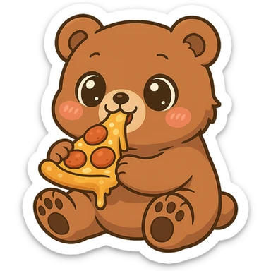 Make the anime style bear eating pizza cuter by giving it bigger eyes and a rounder face. Keep no background. The style should remain anime-like. sticker