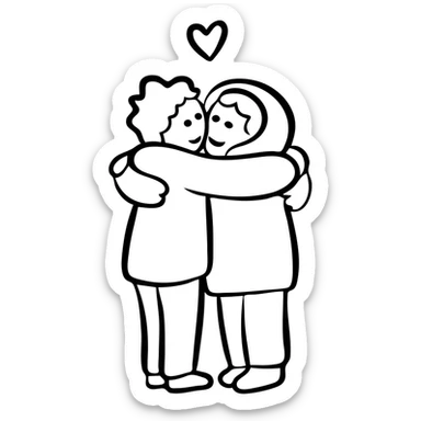 Hand drawn sketch of two people hugging with a heart, "Iubind pe cineva" sticker