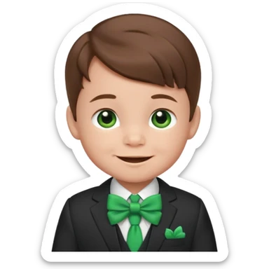 baby boy, brown hair in suit, with green bow, smile sticker