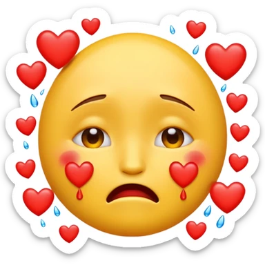 a yellow emoji face who cries from happiness and around red hearts sticker