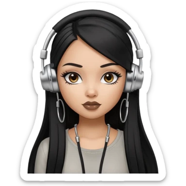 generate a pretty bratz girl with black long straight hair and silver headphones on, brown lipstick tattoo on shoulder, eyeliner on, silver hoops sticker