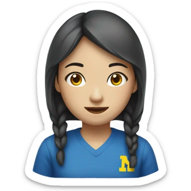 Chinese girl with mid part wearing a blue shirt that says “Michigan Crew” sticker
