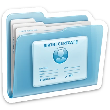 A simple emoji-style icon of a transparent plastic folder, clean and minimal, with rounded corners, subtle translucency, soft shading, and a small official documents symbol representing birth certificate, and SS. sticker