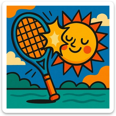 a tennis racket and sun colliding, whimsical, bold colors, vibrant cartoon style sticker