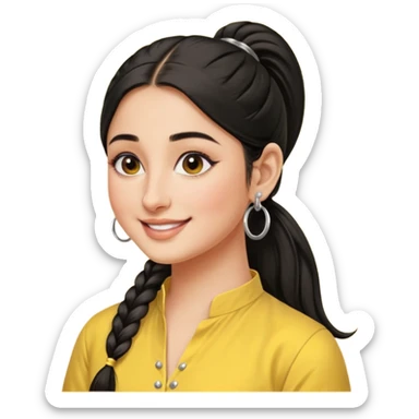 generate a pretty bratz emoji that looks like Kareena Kapoor's Geet character. 
Make her wear a yellow kurti, silver hoops, black hair in a ponytail. smiling big

She should look like Kareena Kapoor sticker
