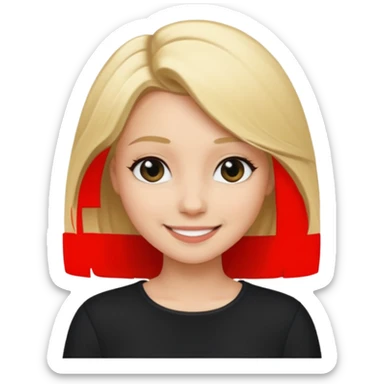 a new character a girl with shoulder length blonde hair wearing black clothes and wearing a cheeky smile sticker