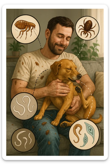 "Man cuddling with his beloved dog on couch, unaware that fleas, ticks, and worms are jumping from pet's fur onto his clothing, microscopic visualization showing roundworms, hookworms, and giardia transferring between species, expression of loving pet owner ignorant of health risks, living room becoming cross-contamination zone, pet's scratching and licking spreading parasites to human environment" in italiano sticker