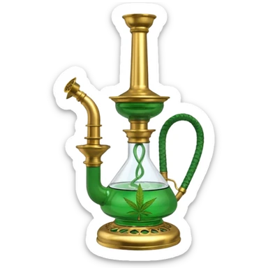 Brass hookah with green design on a glass water base and a weed banger on the top sticker