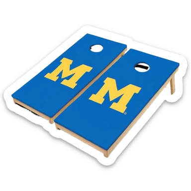 Cornhole board blue and yellow with Michigan “M” With a yellow cornhole bag sticker