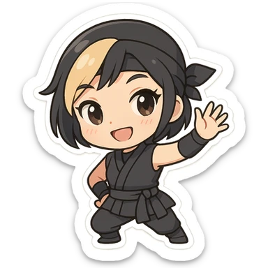 Chibi ninja girl with black short hair and a blonde streak, big head, small body and arms, not overly round or infant-like, cute and playful, anime-style face with large expressive eyes, small nose and mouth, subtle blush, hand fully raised, waving to the right, smiling, pastel colors, soft shading, clean outlines, no mask, transparent background, face looks sexy with slightly parted lips, confident gaze, longer lashes, subtle contouring, for animation frame 4 sticker