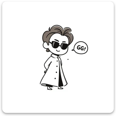 chibi Aizen from Bleach, big head, tiny body, smirking confidently, saying 'GG' in a speech bubble, iconic white captain's robe, brown slicked-back hair, glasses, hands behind back, cute and mischievous chibi style sticker
