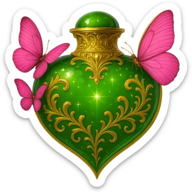 A crystal green heart-shaped bottle with golden details and pink butterflies, hanging in the air with no base or shadow. The bottom part is elegantly and seamlessly connected, with a transparent background. The design remains crystal clear and elegant, with no additional elements. sticker