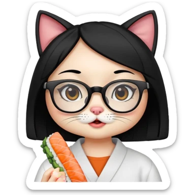 cute girl cat with straight hair and really big square glasses with super thin frames eating sushi sticker