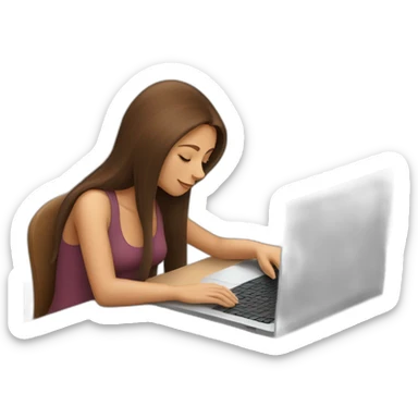 woman with brown long straigh hair working on laptop and a large cat sleeping on the laptop sticker