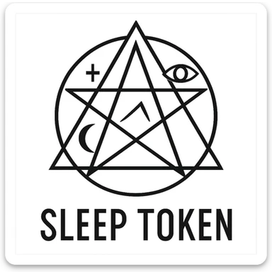 geometric Sleep Token logo with subtle occult symbols, modern style, black and white sticker