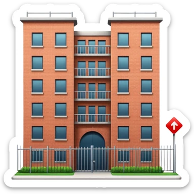 9-story apartment building surrounded by fence, closed courtyard, minimal flat vector icon sticker