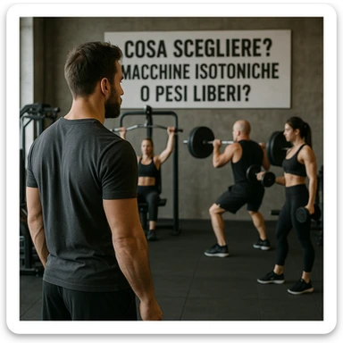 Realistic detailed scene of a man observing other athletes: some using isotonic machines, others free weights, with a sign in the background saying 'Cosa scegliere? Macchine isotoniche o pesi liberi?', atmosphere of observation, 4K quality. sticker