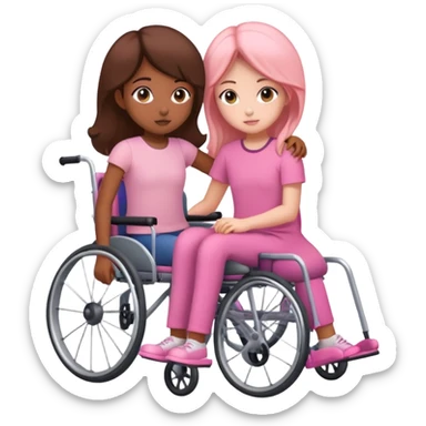 One peach skin sister pushing her brown skin sister in a pink wheelchair sticker