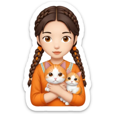 brunette asian girl with 2 braids holding a orange & white cat sticker