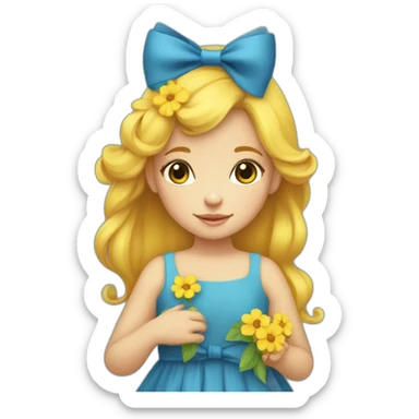 beautiful little girl with yellow hair and a blue bow on her head in a blue dress with yellow flowers in her hands sticker