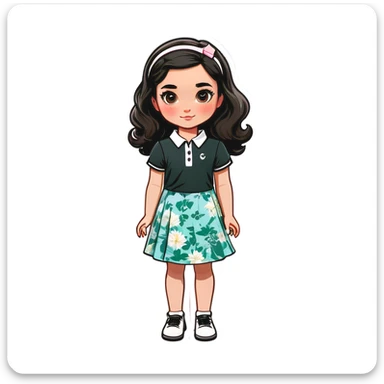  one  girl with short straight black hair and pale skin with golf clothes on, one American girl with long curly dirty blond hair and a floral dress on.   sticker