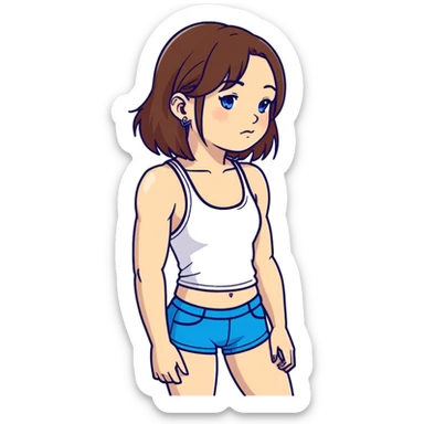 white girl with brown hair, septum piercing, nose piercings, black tank top, blue booty shorts, thin build, defined jaw sticker