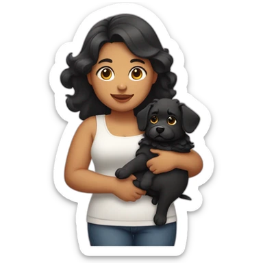 chubby fair girl with  wavy black hairs holding dog in her arms sticker