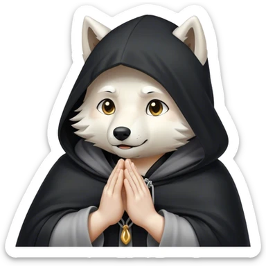 white wolf praying with black hooded cloak sticker