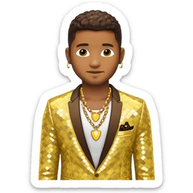 Usher with dark brown, butter yellow sequin suit jacket, shirtless with necklace sticker
