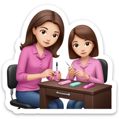 A realistic illustration of a girl with medium-length thick brown hair sitting at a manicure table. Another girl is carefully doing her nails, using professional manicure tools. Soft natural lighting, clean salon environment, detailed hands and nail work, warm and pleasant atmosphere. sticker