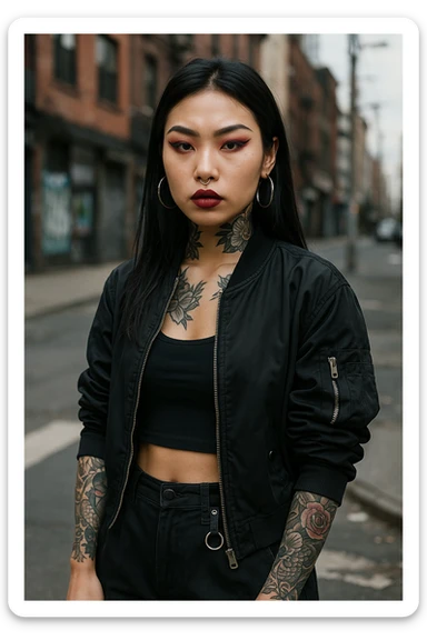 asian girl with arm and neck tattoos, edgy streetwear, bold look sticker