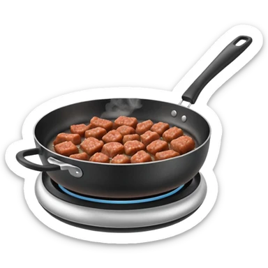 A 3D cartoon frying pan with minced meat being cooked, slight steam, realistic texture, Memoji-style. sticker