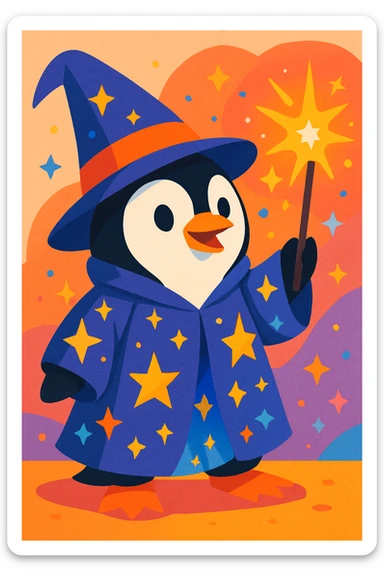 penguin wizard casting a spell, with sparkles and a starry robe, vibrant toon style sticker