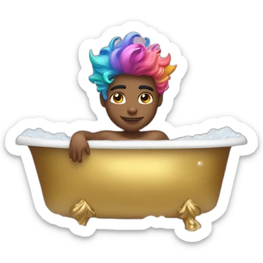 Posh-muscle-boy-with-pearl-necklace-and-rainbow-unicorn-hair-in-golden-bathtub sticker