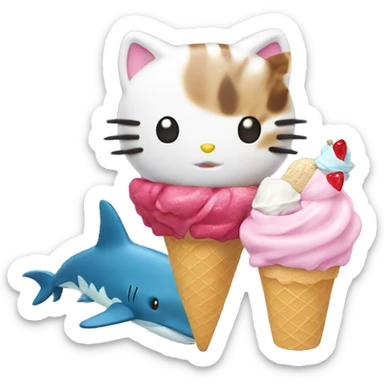Hello kitty eating ice cream with a shark cat sticker