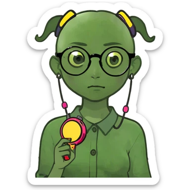 create a half Japanese girlie with glasses holding buzzers and part of her head shaved. She has concepts of a psychotic break. sticker