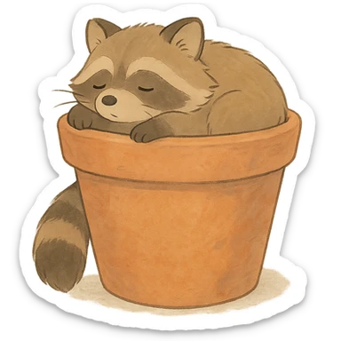 sleepy raccoon inside a flower pot, pastel earthy colors, soft Ghibli style sticker