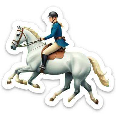 An icon featuring a horse and rider galloping gracefully over a lush green field. The rider is in full gear, guiding the horse with precision. The background shows rolling hills, a clear blue sky, and vibrant sunlight illuminating the scene. Transparent background highlights the elegance sticker