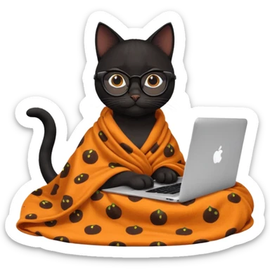A black female cat working on a MacBook, with long, black straight lashes, round glasses and she wears a blanket with an orange fruit pattern sticker