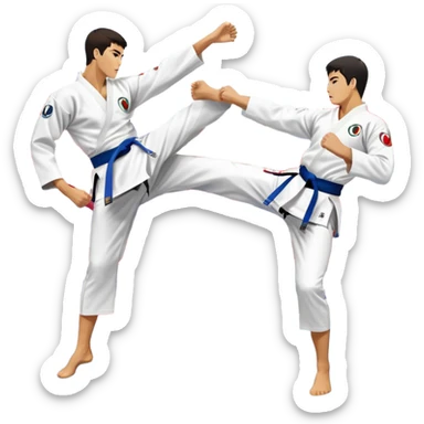 Two taekwondo fighters in a competition arena, one performing a high spinning kick towards the opponent’s head, while the other blocks with a precise guard. The background features a dynamic, bright arena with flags, emphasizing speed and agility in the martial art. Transparent background  sticker