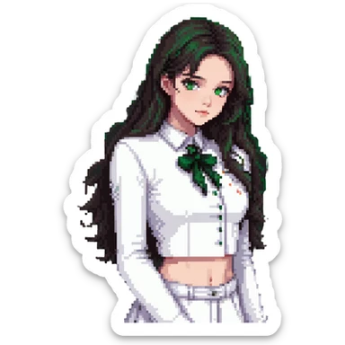 menina bonita, cabelo escuro, pele clara, olhos verdes, roupa branca estilosa sticker