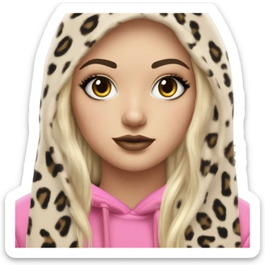 Hyperrealistic white girl with long black hair with a pink fringe and has eye makeup on, she is wearing a black and leopard print hoodie  sticker