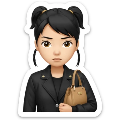 A girl with a pony tail black hair and Asian tan skin, Asian eyes, with a black jacket and a black purse, with an annoyed and confused expression on her face  sticker