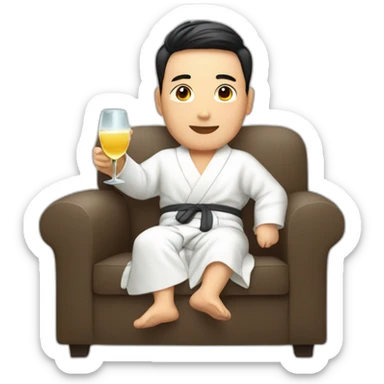 A Korean man in a bathrobe on the sofa with a glass of champagne sticker